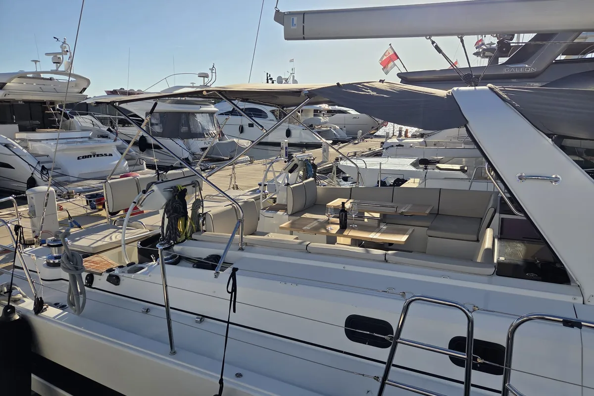 Deck of Olga V, a Beneteau Oceanis Yacht 62 - 3 + 1 sailboat at Grad Kaštela, Croatia