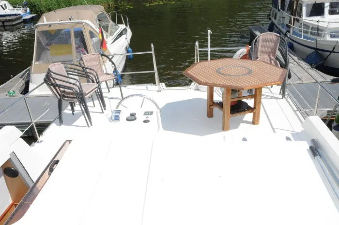 Deck of Ariadne, a Gulet Tarpon 42 TP motorboat at Lübz, Germany