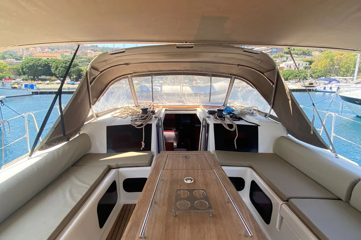 Deck of Pinacolada, a Dufour 460 GL sailboat at Milazzo, Italy