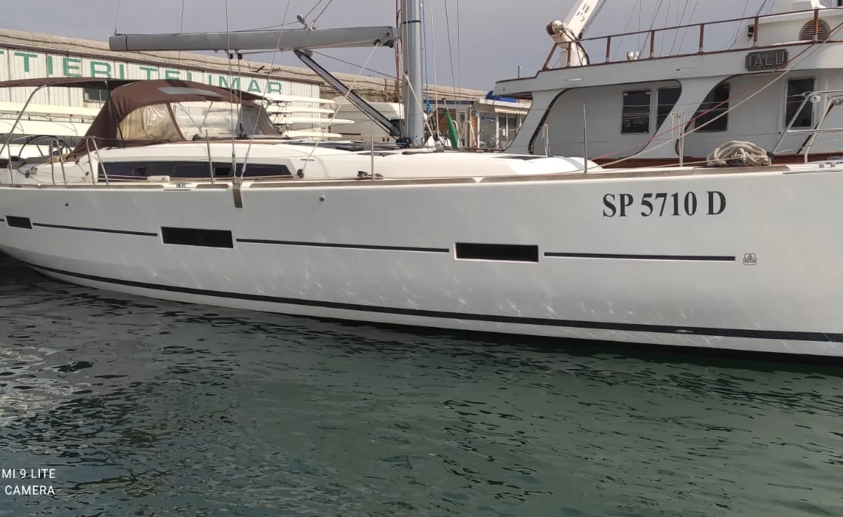 Exterior view of Pinacolada, a Dufour 460 GL sailboat at Milazzo, Italy