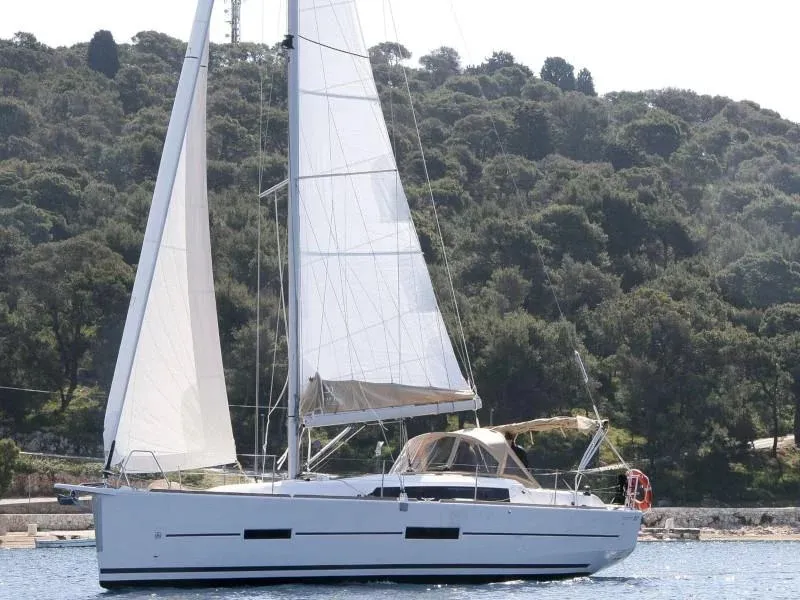 Exterior view of Ithaque, a Dufour 382 GL sailboat at Toulon, France