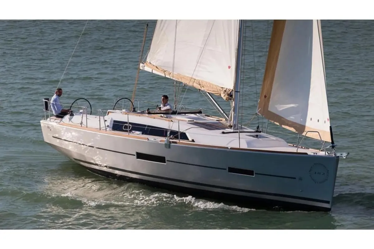 Exterior view of Ithaque, a Dufour 382 GL sailboat at Toulon, France