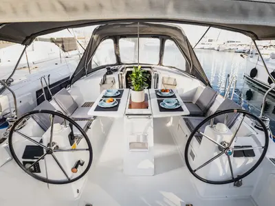 Cockpit of Rania, a Beneteau Oceanis 38.1 sailboat at Athens, Greece
