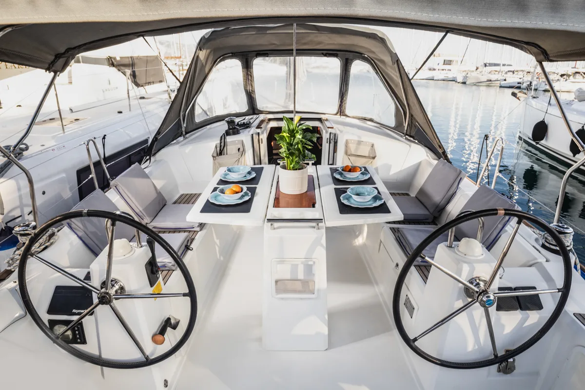 Cockpit of Rania, a Beneteau Oceanis 38.1 sailboat at Athens, Greece