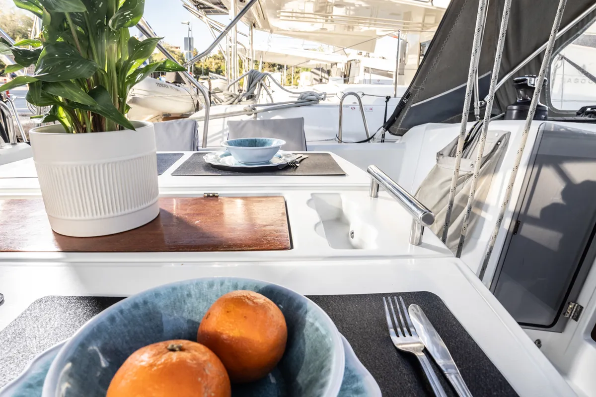 Cockpit of Rania, a Beneteau Oceanis 38.1 sailboat at Athens, Greece