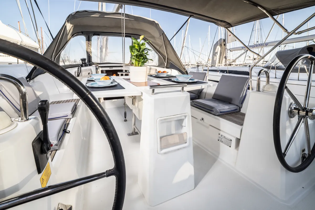 Cockpit of Rania, a Beneteau Oceanis 38.1 sailboat at Athens, Greece