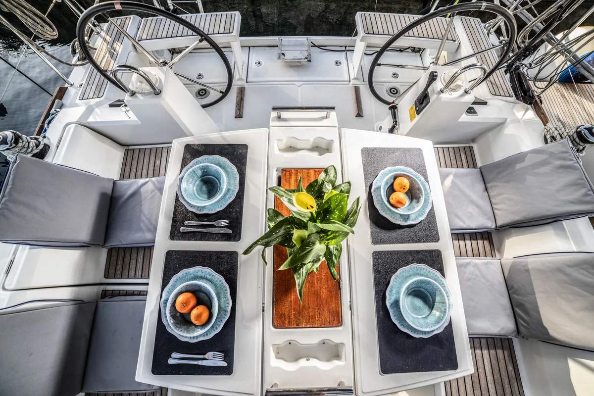 Cockpit of Rania, a Beneteau Oceanis 38.1 sailboat at Athens, Greece
