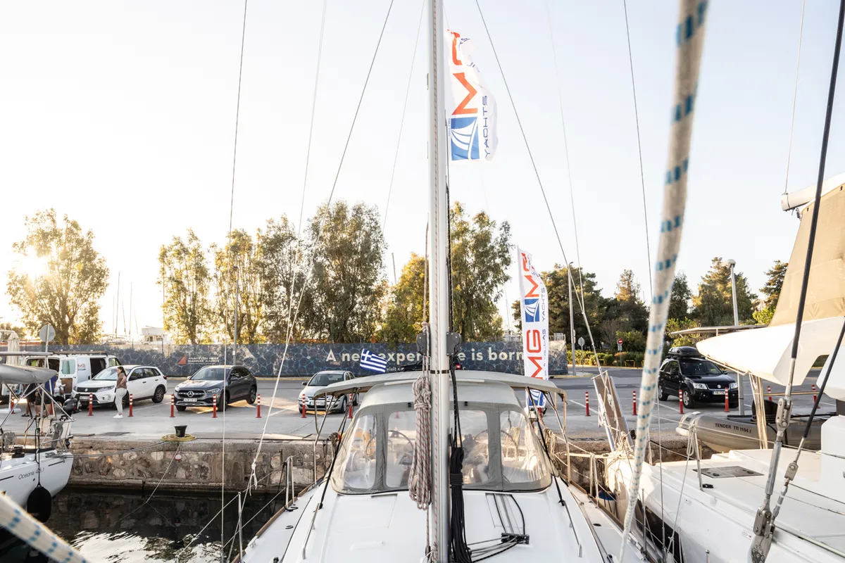 Exterior view of Rania, a Beneteau Oceanis 38.1 sailboat at Athens, Greece