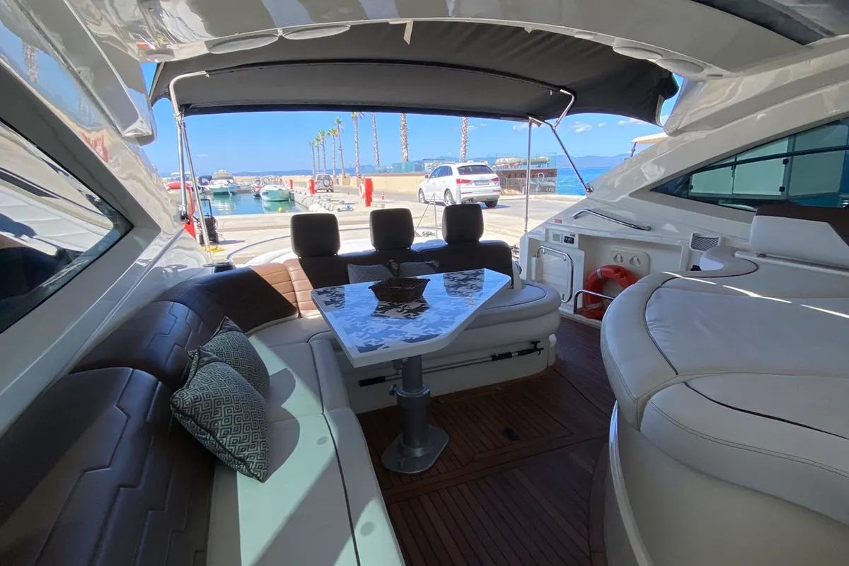 Deck of Lia, a Azimut Atlantis 55 motor yacht at Pallini, Greece