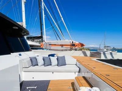 Deck of Sunreef 70, a catamaran at Kaštela, Croatia