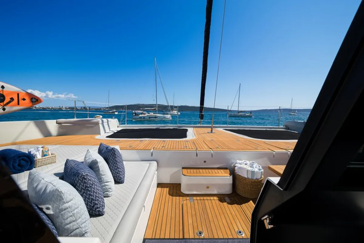 Deck of Sunreef 70, a catamaran at Kaštela, Croatia