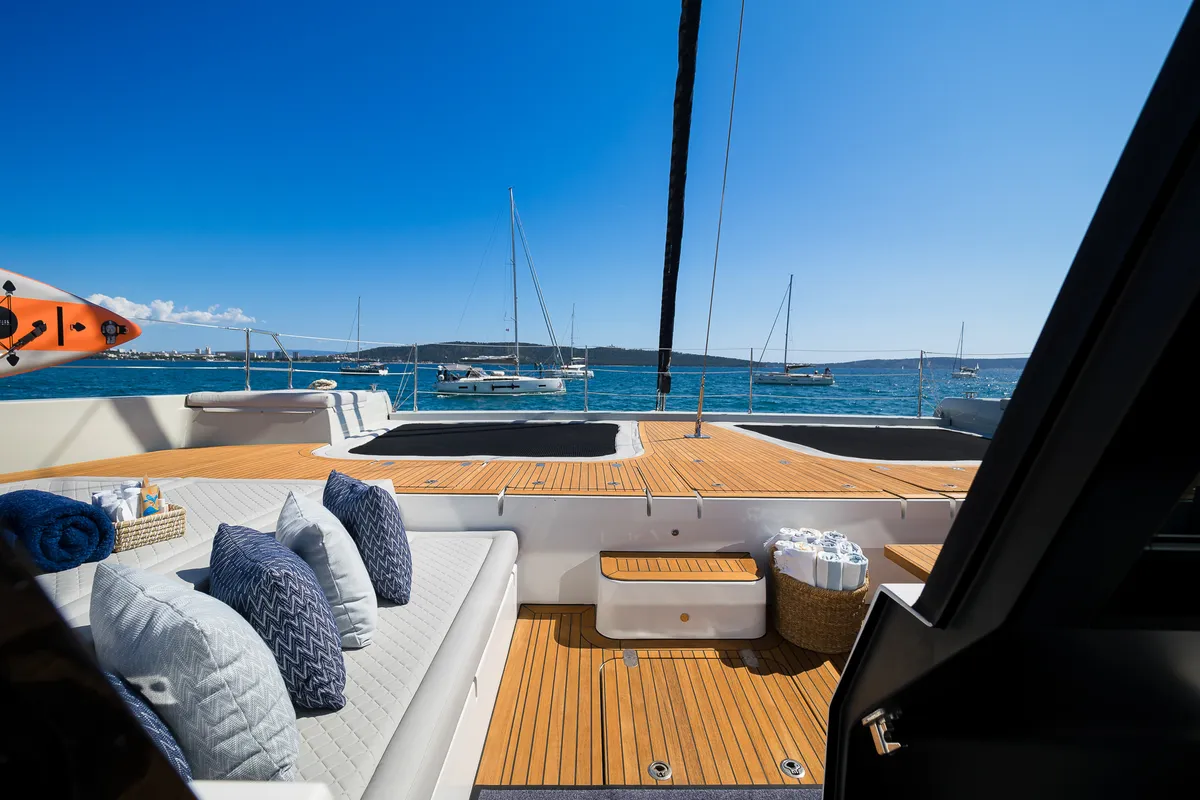 Deck of Sunreef 70, a catamaran at Kaštela, Croatia