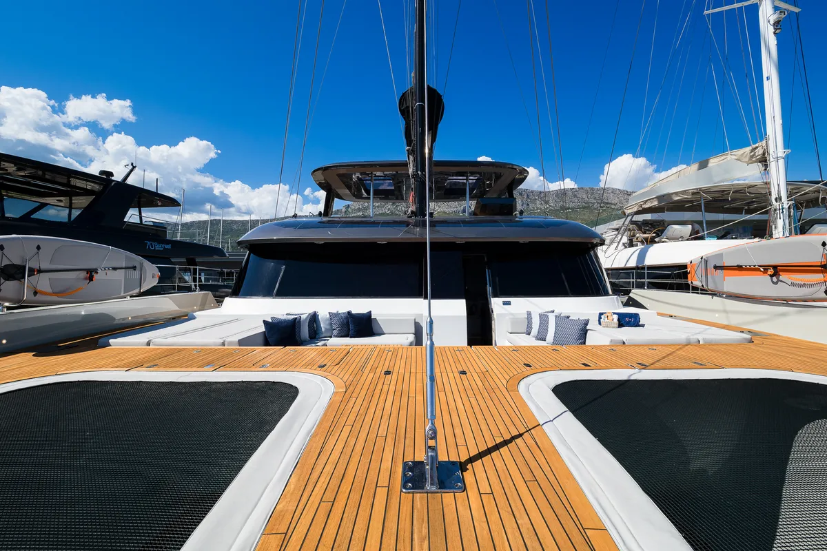 Deck of Sunreef 70, a catamaran at Kaštela, Croatia