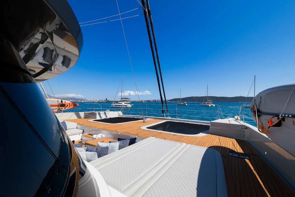 Deck of Sunreef 70, a catamaran at Kaštela, Croatia