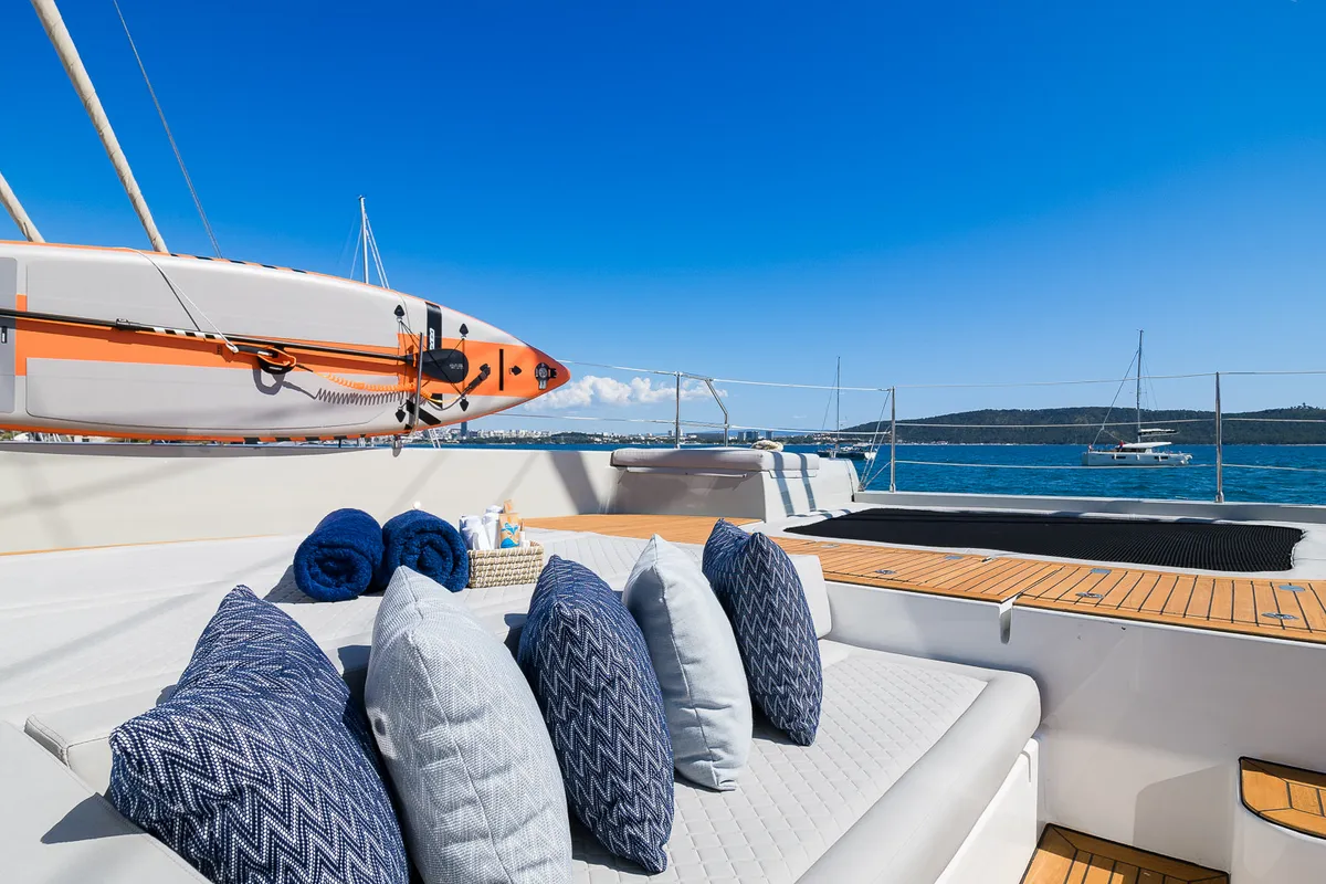 Deck of Sunreef 70, a catamaran at Kaštela, Croatia
