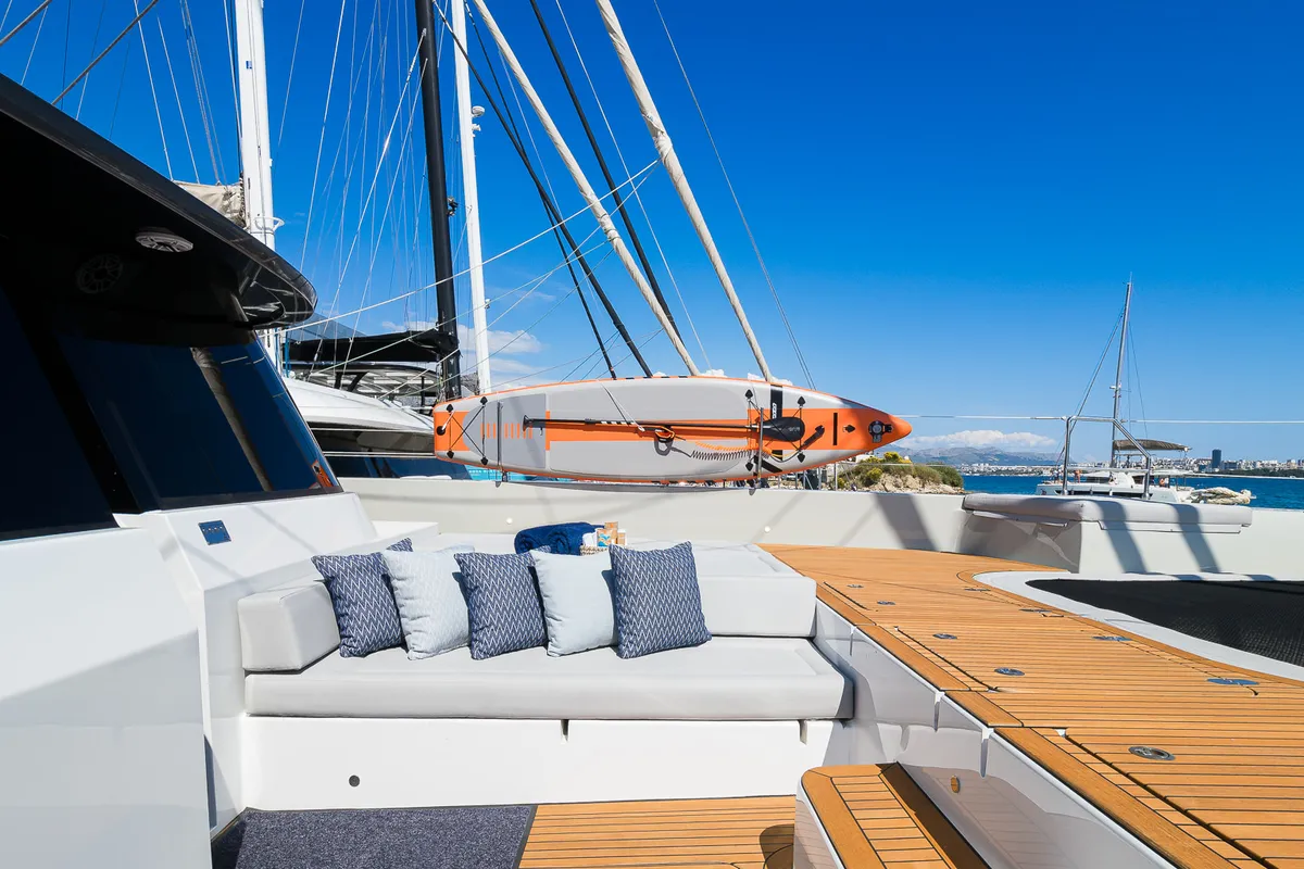 Deck of Sunreef 70, a catamaran at Kaštela, Croatia