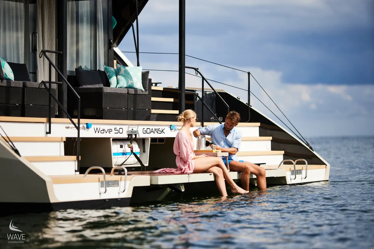 Exterior view of Wave, a Wave 50 catamaran at Olbia, Italy