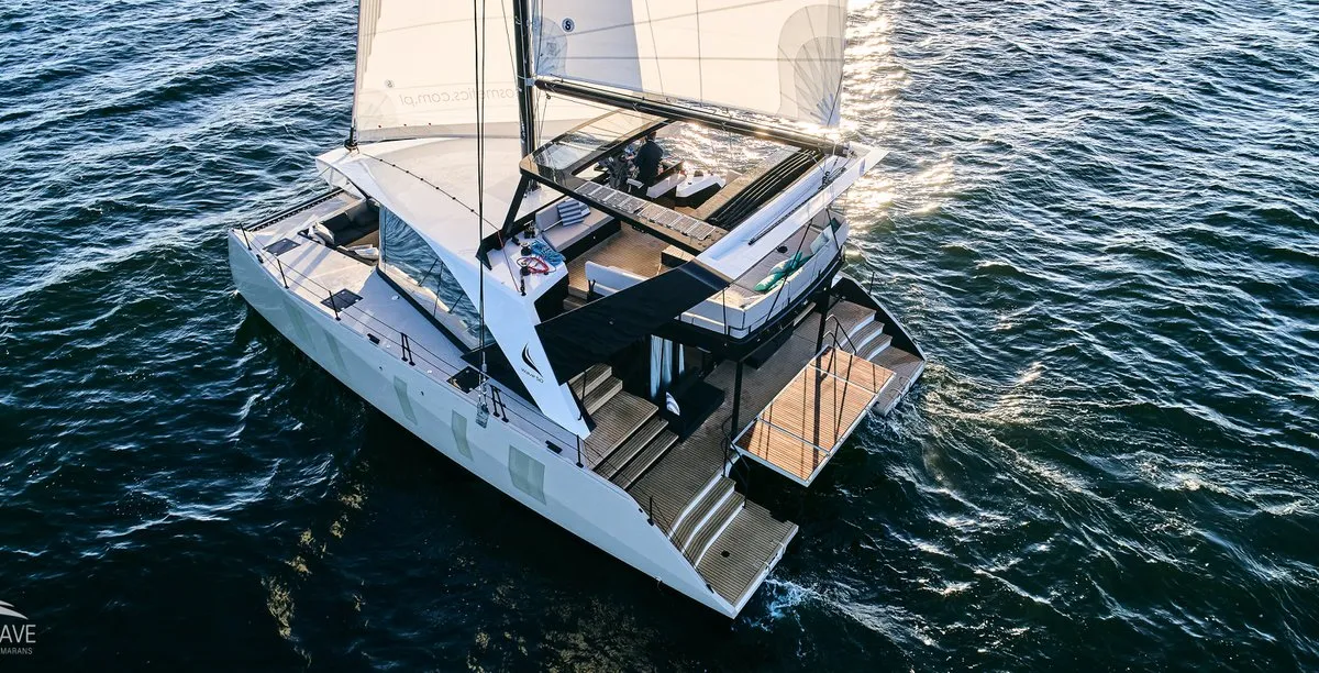 Exterior view of Wave, a Wave 50 catamaran at Olbia, Italy
