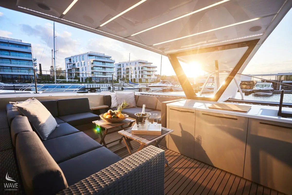 Deck of Wave, a Wave 50 catamaran at Olbia, Italy