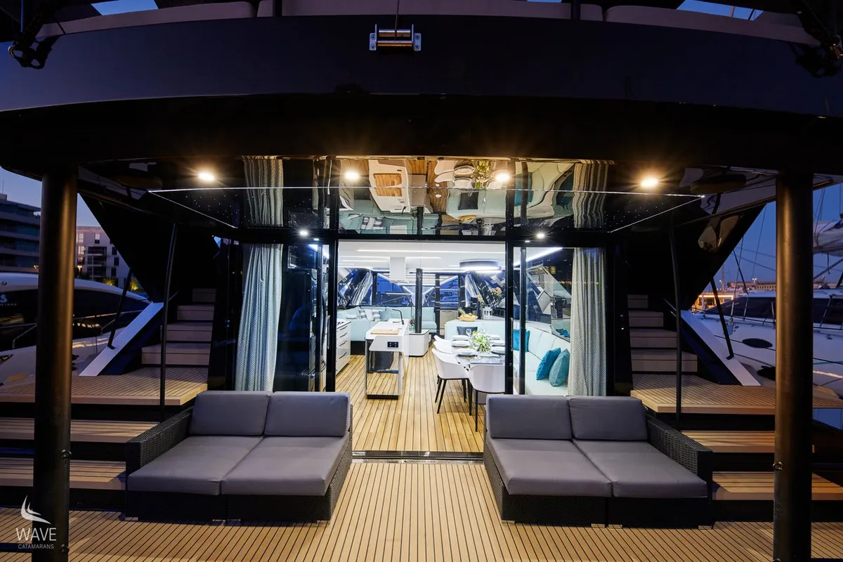 Deck of Wave, a Wave 50 catamaran at Olbia, Italy