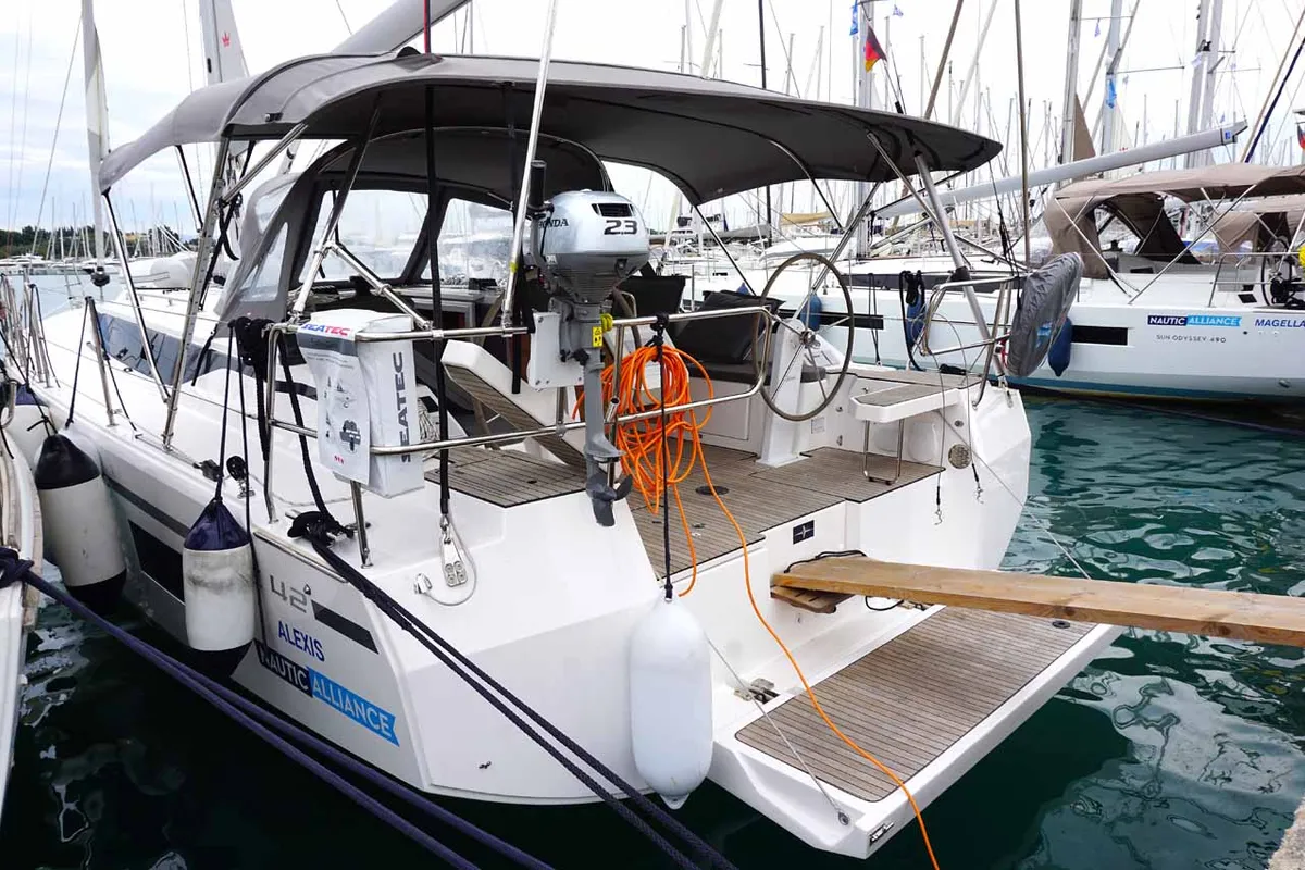 Exterior view of Alexis, a Bavaria C42 sailboat at Kontokali, Greece