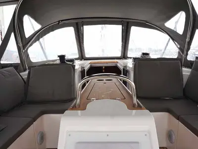Cockpit of Alexis, a Bavaria C42 sailboat at Kontokali, Greece