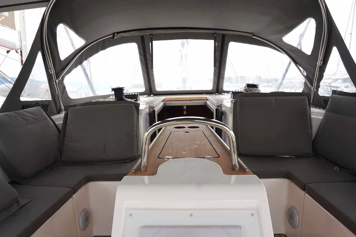 Cockpit of Alexis, a Bavaria C42 sailboat at Kontokali, Greece