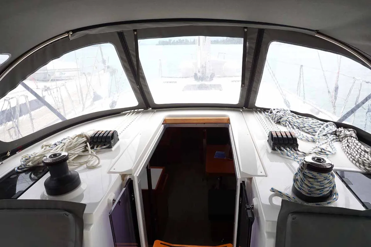 Cockpit of Alexis, a Bavaria C42 sailboat at Kontokali, Greece