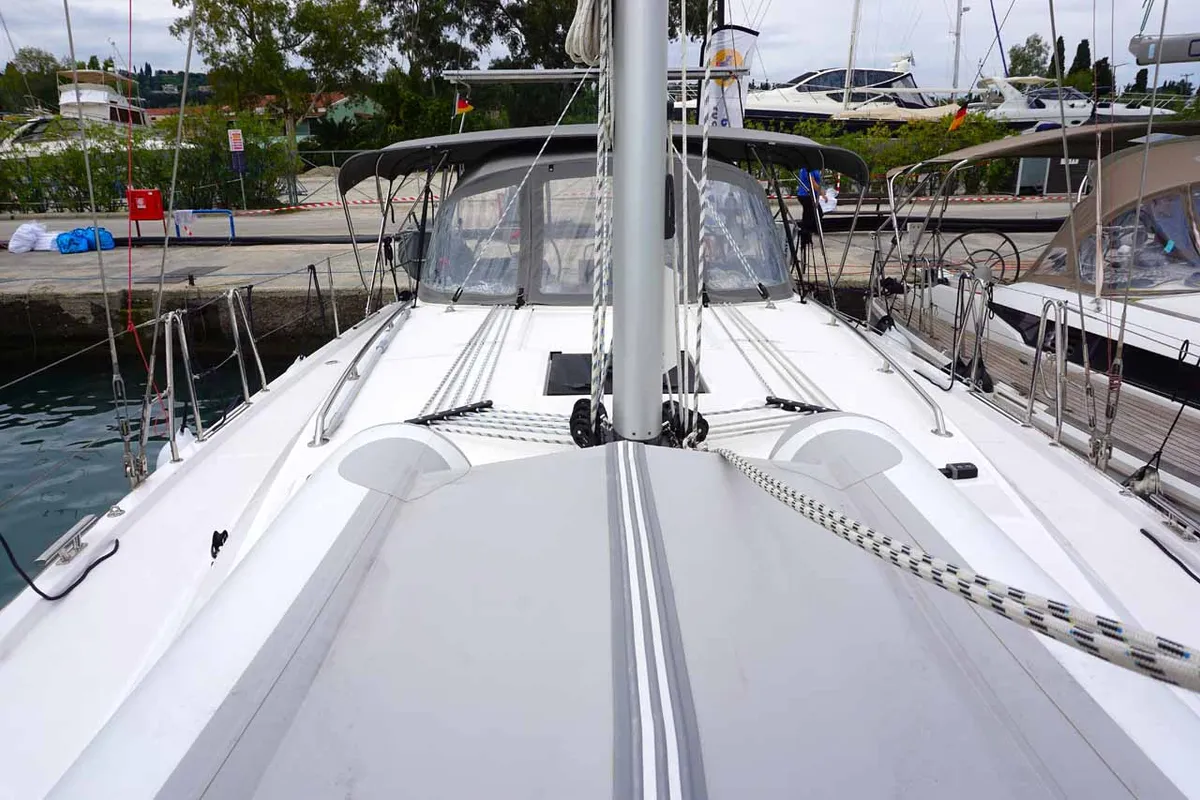Deck of Alexis, a Bavaria C42 sailboat at Kontokali, Greece