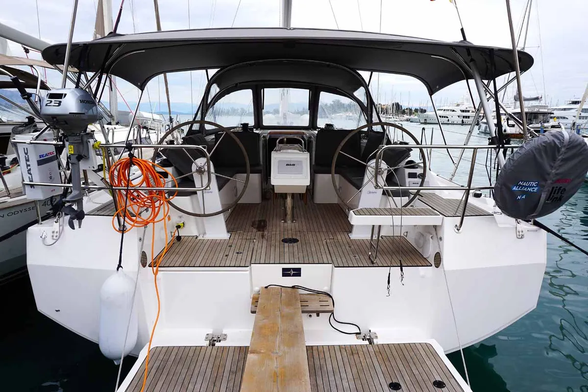 Exterior view of Alexis, a Bavaria C42 sailboat at Kontokali, Greece