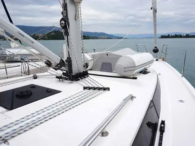 Deck of Alexis, a Bavaria C42 sailboat at Kontokali, Greece