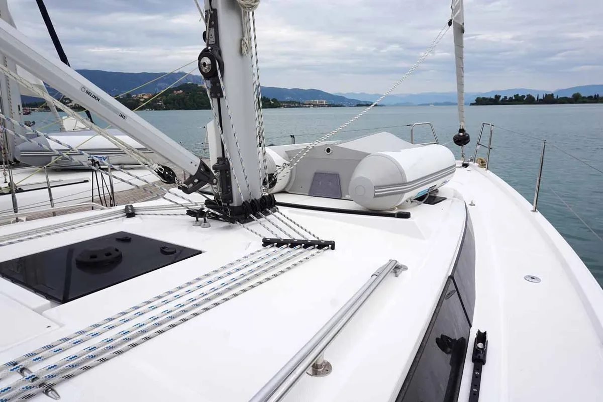 Deck of Alexis, a Bavaria C42 sailboat at Kontokali, Greece