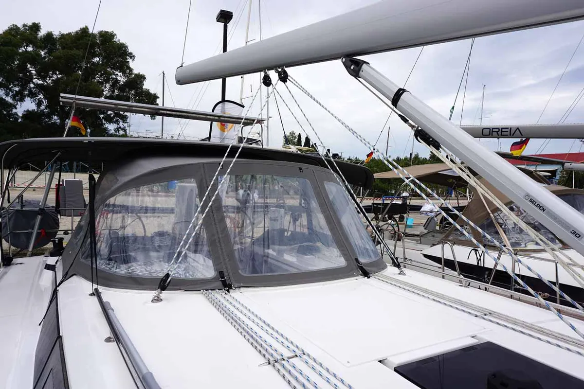 Deck of Alexis, a Bavaria C42 sailboat at Kontokali, Greece