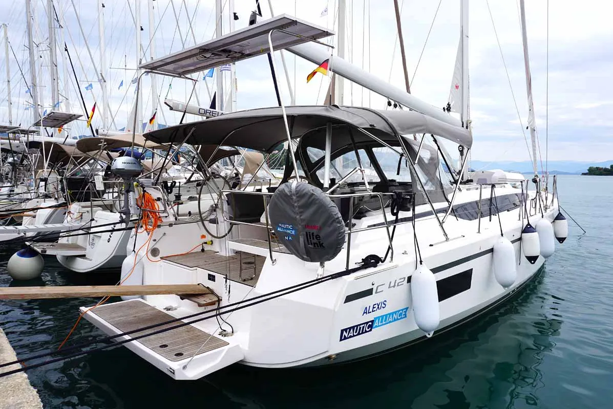 Exterior view of Alexis, a Bavaria C42 sailboat at Kontokali, Greece