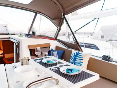 Deck of Aquamarine, a Jeanneau Sun Odyssey 410 sailboat at Municipal Unit of Lefkada, Greece