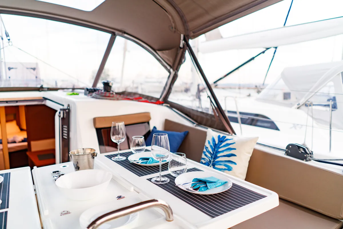 Deck of Aquamarine, a Jeanneau Sun Odyssey 410 sailboat at Municipal Unit of Lefkada, Greece