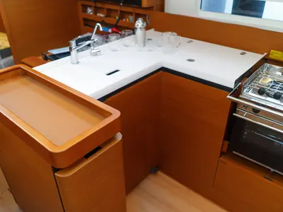 Galley of Aquamarine, a Jeanneau Sun Odyssey 410 sailboat at Municipal Unit of Lefkada, Greece