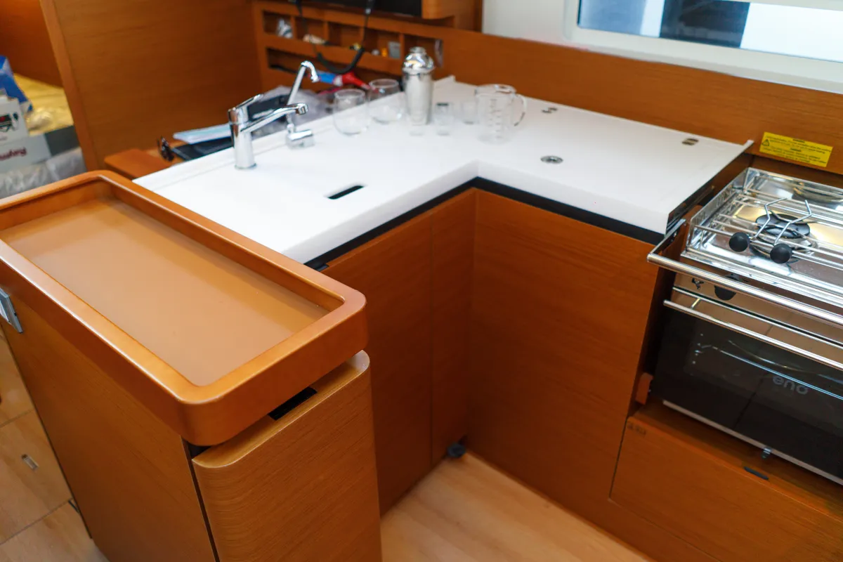 Galley of Aquamarine, a Jeanneau Sun Odyssey 410 sailboat at Municipal Unit of Lefkada, Greece