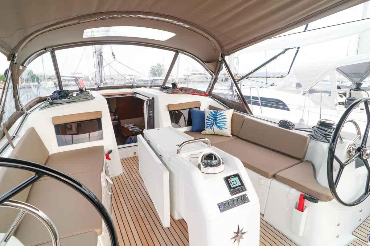 Deck of Aquamarine, a Jeanneau Sun Odyssey 410 sailboat at Municipal Unit of Lefkada, Greece