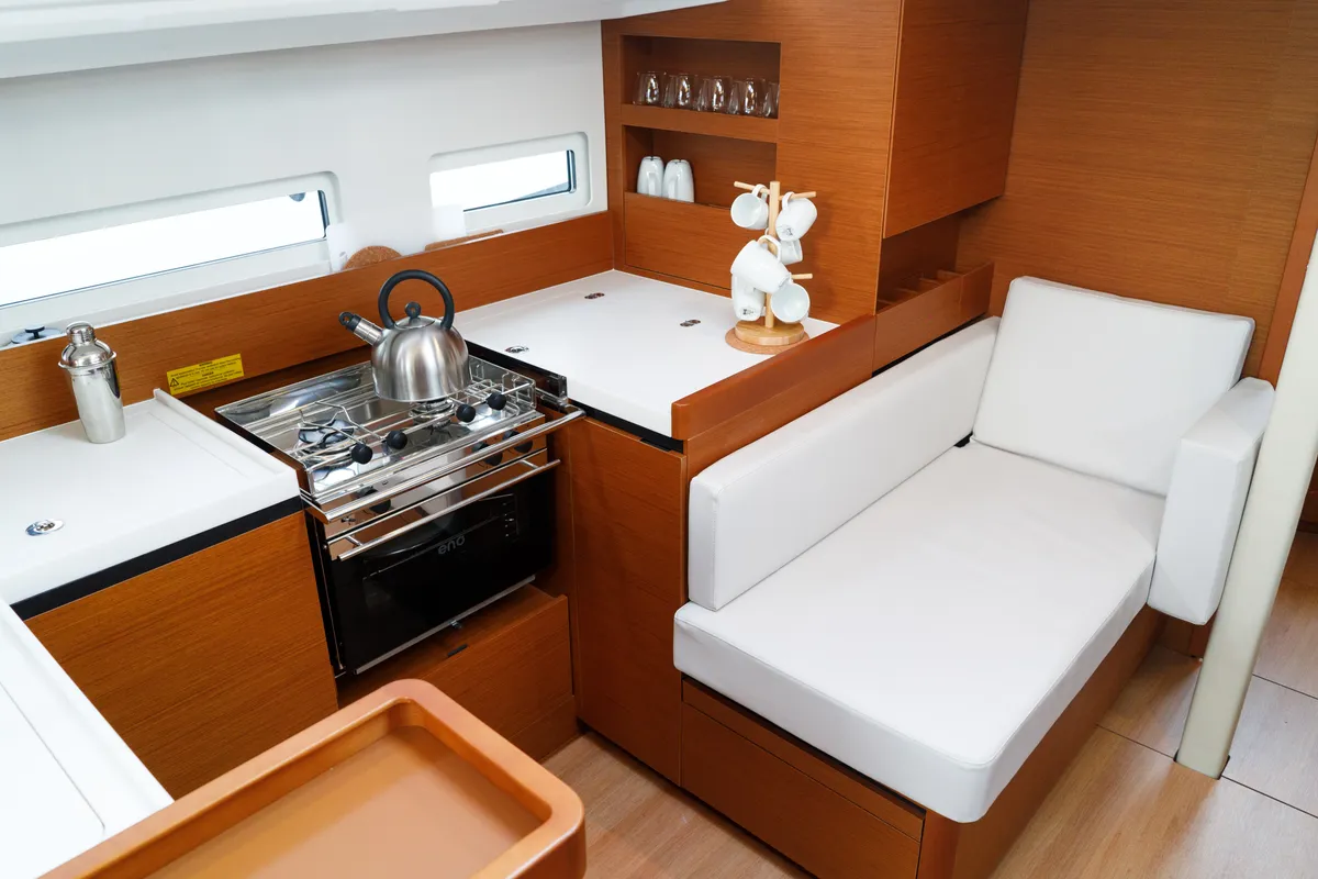 Galley of Aquamarine, a Jeanneau Sun Odyssey 410 sailboat at Municipal Unit of Lefkada, Greece