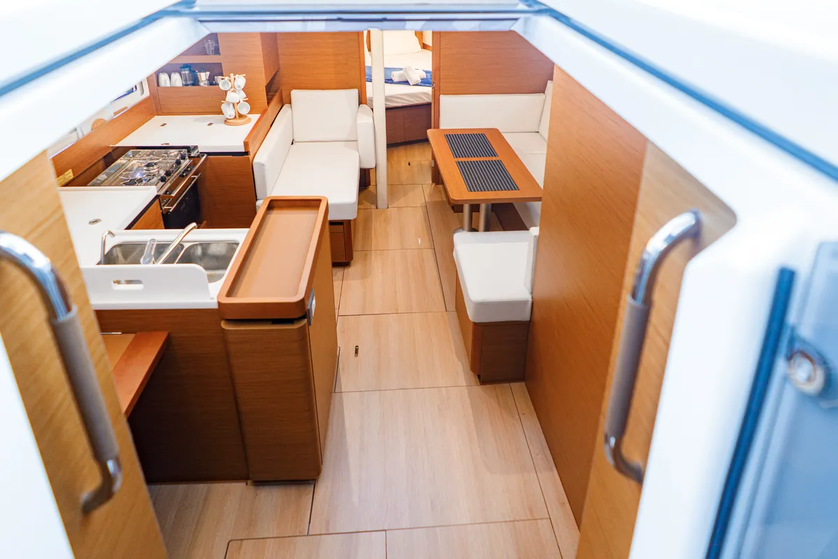 Salon of Aquamarine, a Jeanneau Sun Odyssey 410 sailboat at Municipal Unit of Lefkada, Greece
