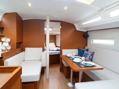 Salon of Aquamarine, a Jeanneau Sun Odyssey 410 sailboat at Municipal Unit of Lefkada, Greece