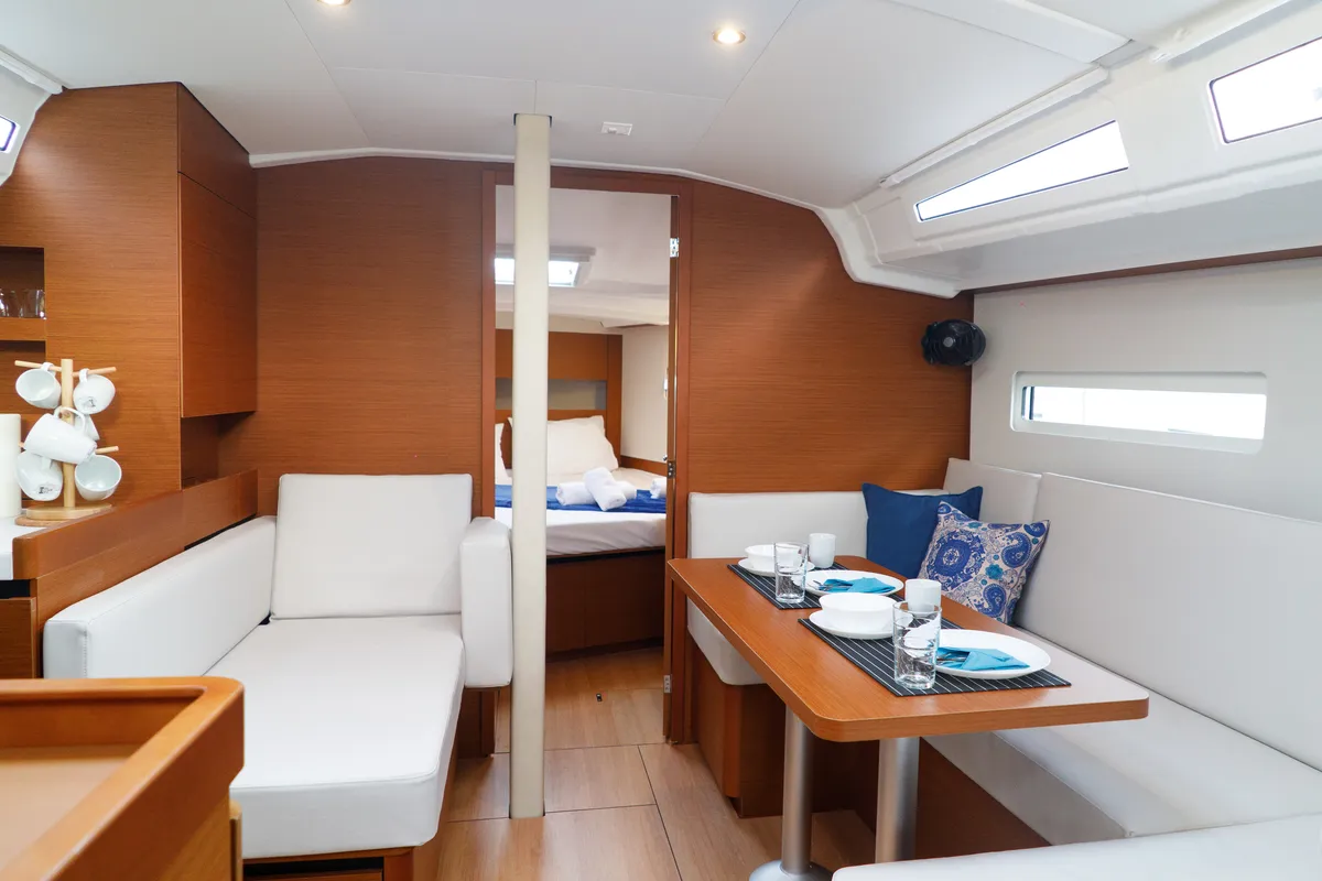 Salon of Aquamarine, a Jeanneau Sun Odyssey 410 sailboat at Municipal Unit of Lefkada, Greece