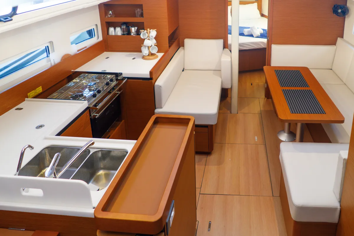 Galley of Aquamarine, a Jeanneau Sun Odyssey 410 sailboat at Municipal Unit of Lefkada, Greece
