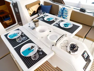 Cockpit of Aquamarine, a Jeanneau Sun Odyssey 410 sailboat at Municipal Unit of Lefkada, Greece