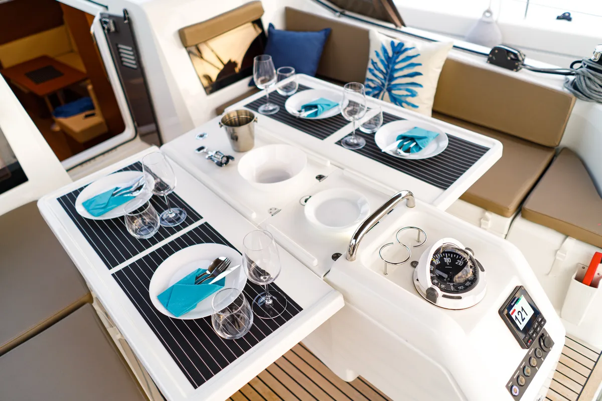 Cockpit of Aquamarine, a Jeanneau Sun Odyssey 410 sailboat at Municipal Unit of Lefkada, Greece