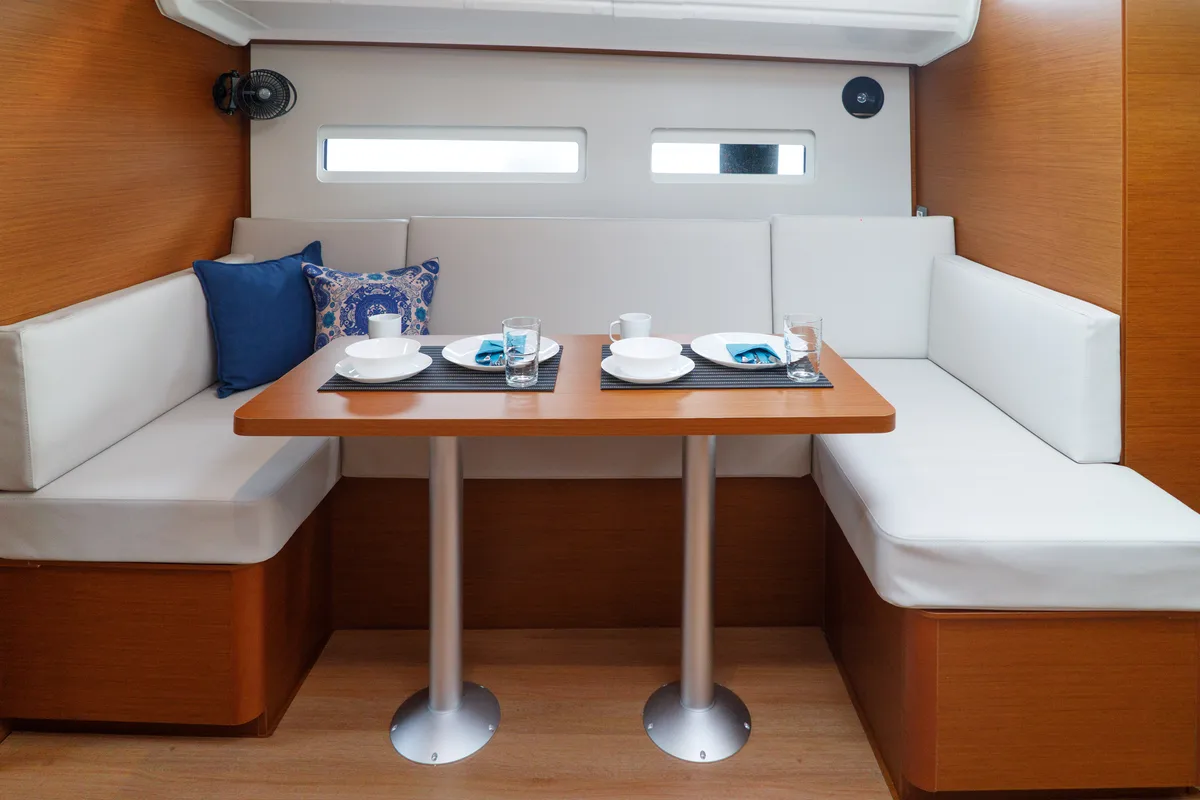Salon of Aquamarine, a Jeanneau Sun Odyssey 410 sailboat at Municipal Unit of Lefkada, Greece