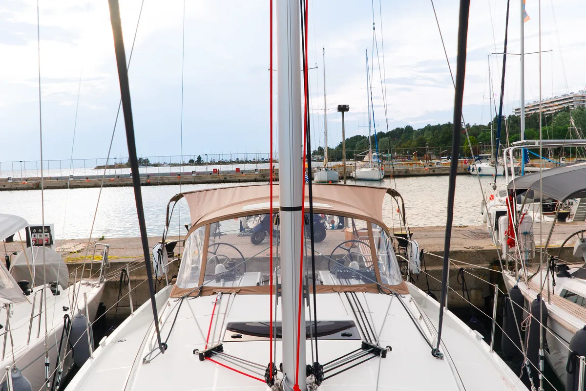 Deck of Aquamarine, a Jeanneau Sun Odyssey 410 sailboat at Municipal Unit of Lefkada, Greece