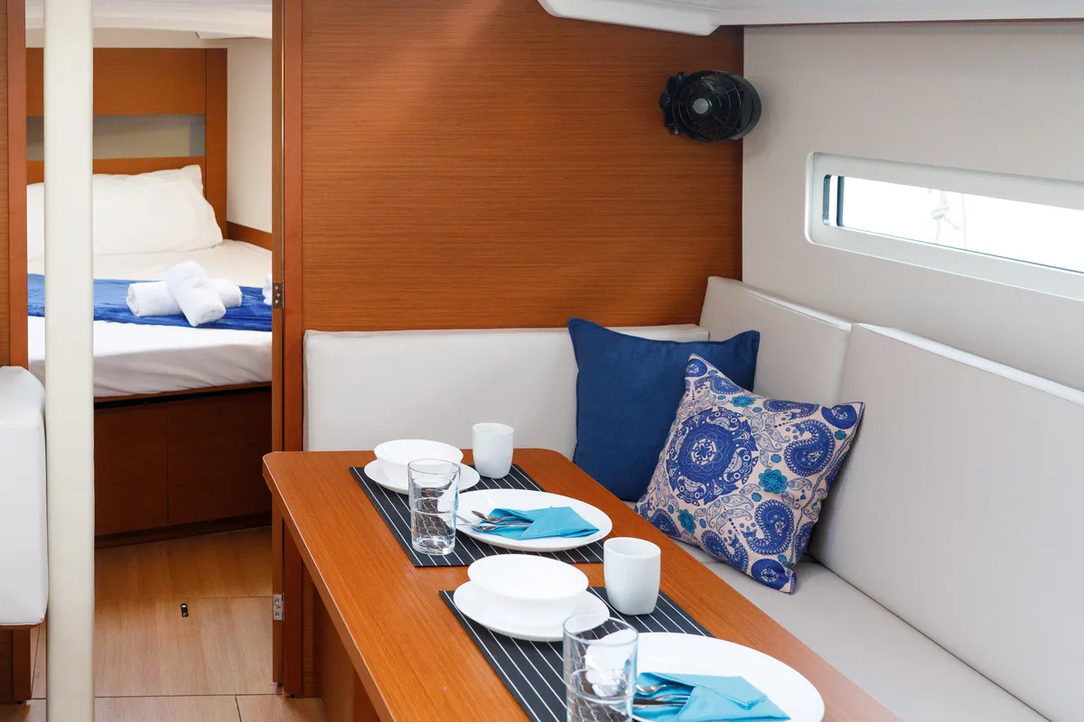 Salon of Aquamarine, a Jeanneau Sun Odyssey 410 sailboat at Municipal Unit of Lefkada, Greece