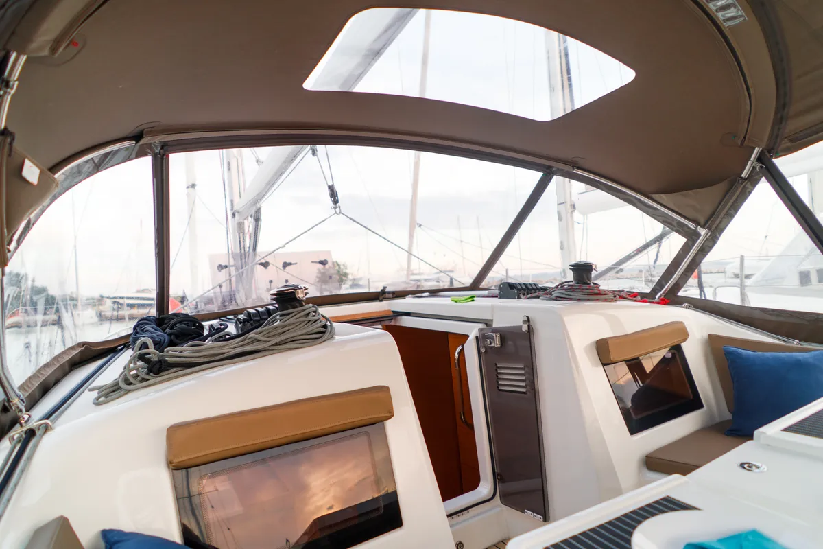 Cockpit of Aquamarine, a Jeanneau Sun Odyssey 410 sailboat at Municipal Unit of Lefkada, Greece